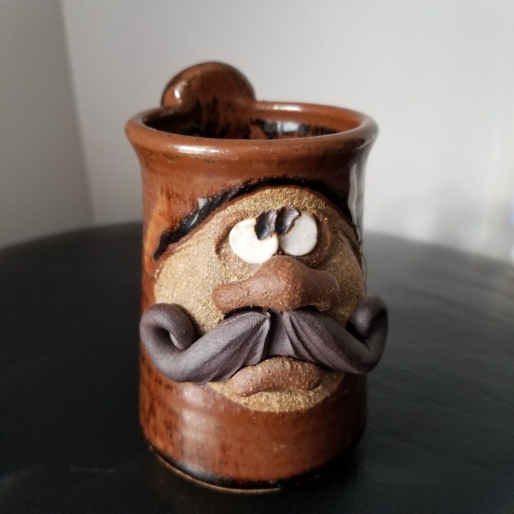 VTG. 80's 3D Sculpted Man Face w/ Mustache Stoneware Signed Pottery Mug 10 oz.